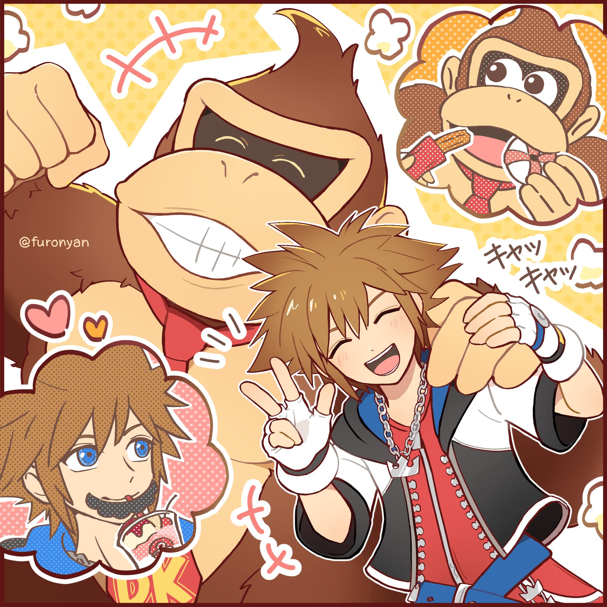 ドンキーコングとキングダムハーツのソラがディズニーとUSJを満喫するスマブラSPイラスト