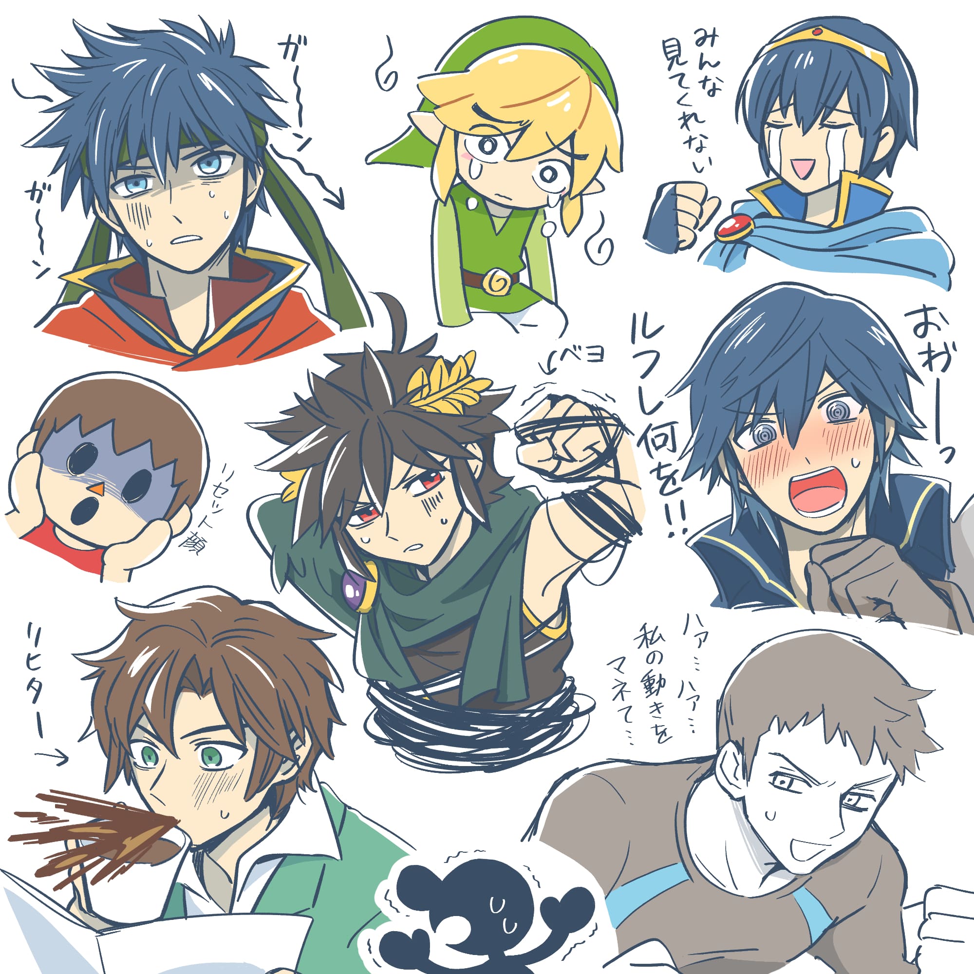 スマブラファイターたちの色んな表情ラクガキ(アイク、むらびと、リヒター、トゥーンリンク、ブラックピット、ゲームウォッチ、マルス、クロム、WiiFitトレーナー