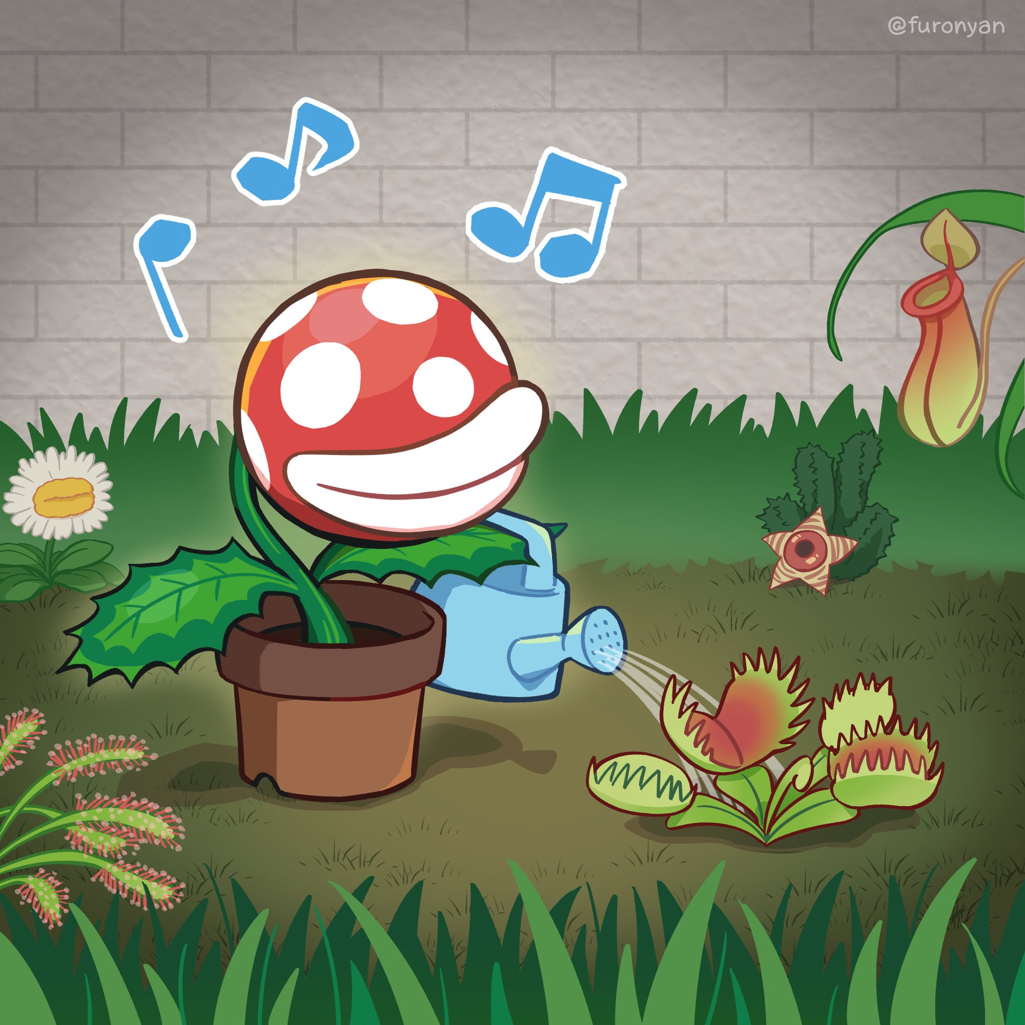 むらびとのジョウロで食虫植物にお水をあげるパックンフラワー スマブラSPファンアート